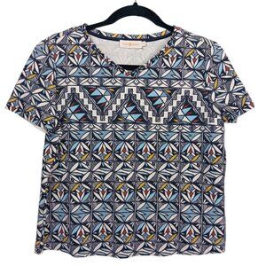 TORY BURCH  Multicolor Geometric Print Ponte Cropped Shirt Small  Short Sleeve
